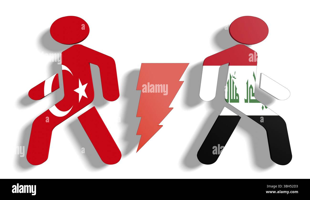 Par rapport à l'image des relations politiques entre l'Iraq et la Turquie. Drapeaux nationaux sur les droits de l'icons divisé par signe à haute tension Banque D'Images