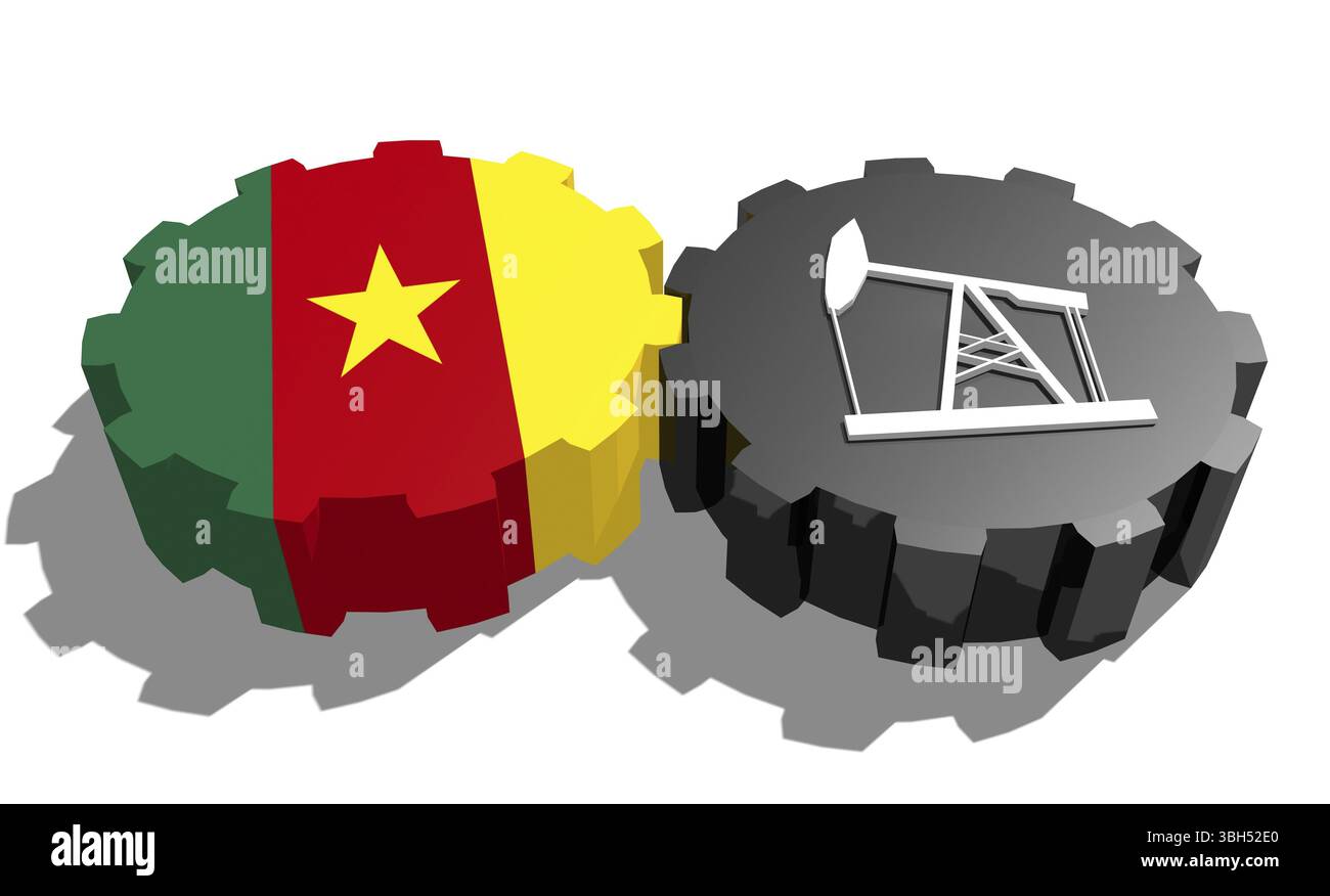 Connexion des roues motrices. Icône de pompe à huile et drapeau du Cameroun sur les engrenages. Concept d'industrie lourde et minière. Rendu 3D. Banque D'Images