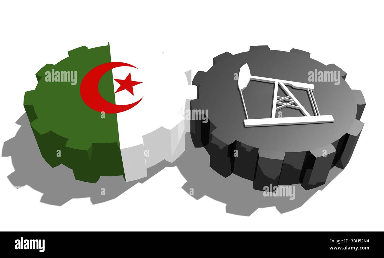 Connexion des roues motrices. Icône de pompe à huile et drapeau Algérie sur les engrenages. Concept d'industrie lourde et minière. Rendu 3D. Banque D'Images