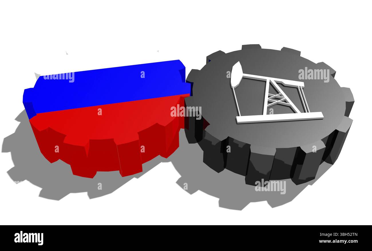 Connexion des roues motrices. Icône de pompe à huile et drapeau russe sur les engrenages. Concept d'industrie lourde et minière. Rendu 3D. Banque D'Images