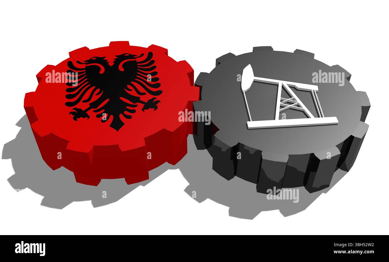 Connexion des roues motrices. Icône de pompe à huile et drapeau Albanie sur les engrenages. Concept d'industrie lourde et minière. Rendu 3D. Banque D'Images