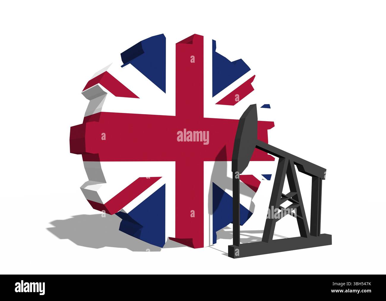 Roue COG avec pompe à huile texturée par drapeau britannique. Concept d'industrie lourde et minière. Rendu 3D. Banque D'Images
