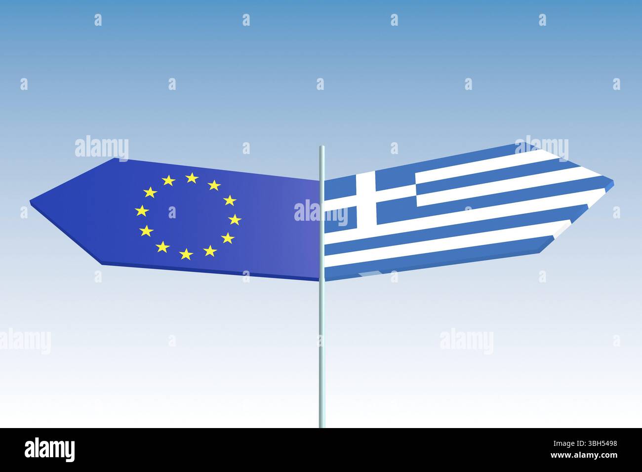Image relative à la situation politique de la grèce. Flèches de signalisation routière texturées par la grèce et l'union européenne flags.rendu 3D. Banque D'Images