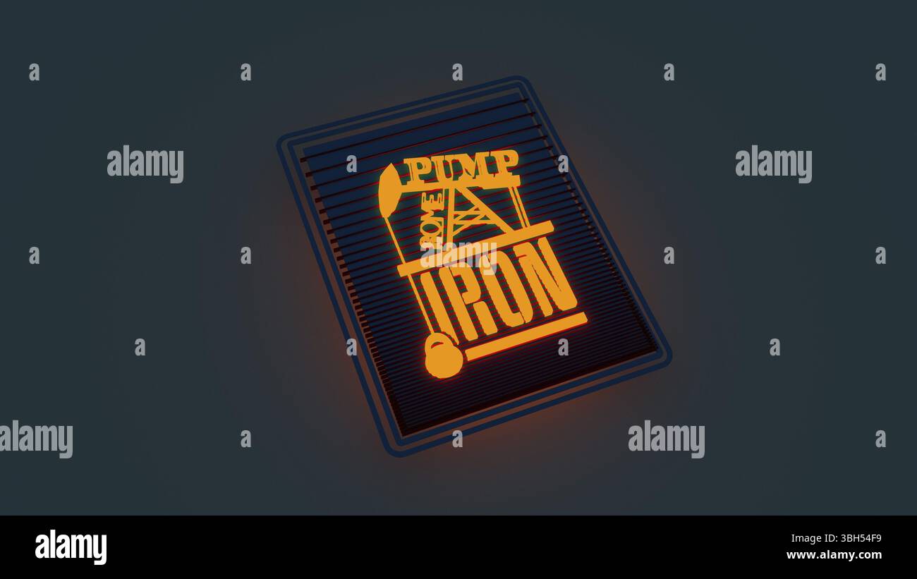 Pompez du fer. Devis de motivation pour gym et fitness. Brillance au néon. Concept d'affiche de typographie créative. Icônes de pompe à huile et de poids de levage. Construction de la carrosserie Banque D'Images