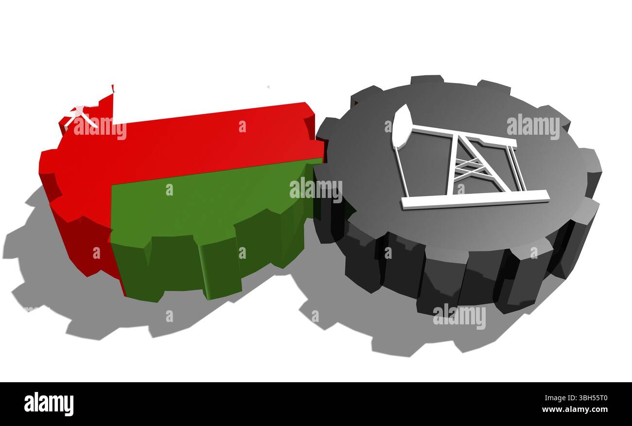 Connexion des roues motrices. Icône de pompe à huile et drapeau Oman sur les engrenages. Concept d'industrie lourde et minière. Rendu 3D. Banque D'Images