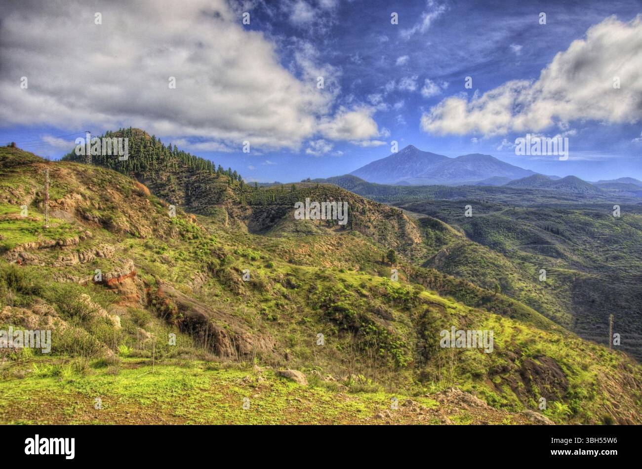 Côte nord-ouest des montagnes de Tenerife et herbe verte avec ciel bleu avec nuages, îles Canaries Banque D'Images Côte nord-ouest des montagnes de Tenerife et herbe verte avec ciel bleu avec nuages, îles Canaries Banque D'Images