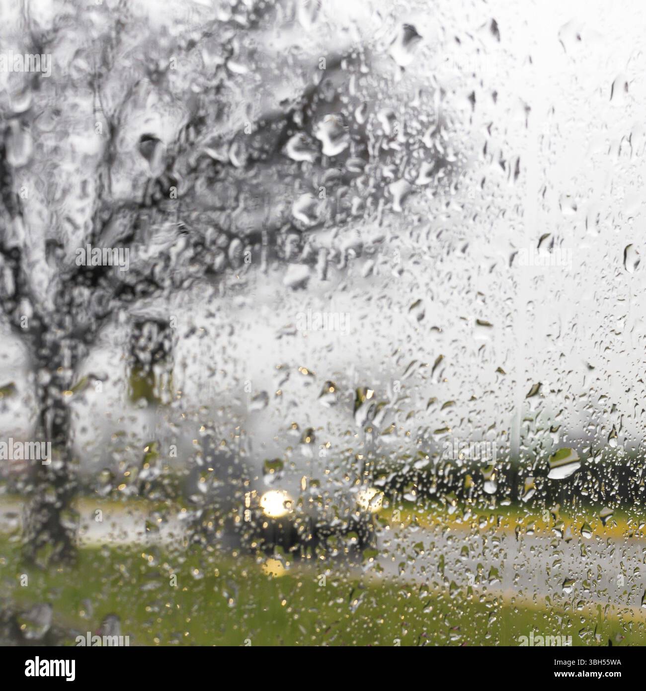 Silhouette voiture floue vu par gouttes d'eau sur le pare-brise de voiture Banque D'Images