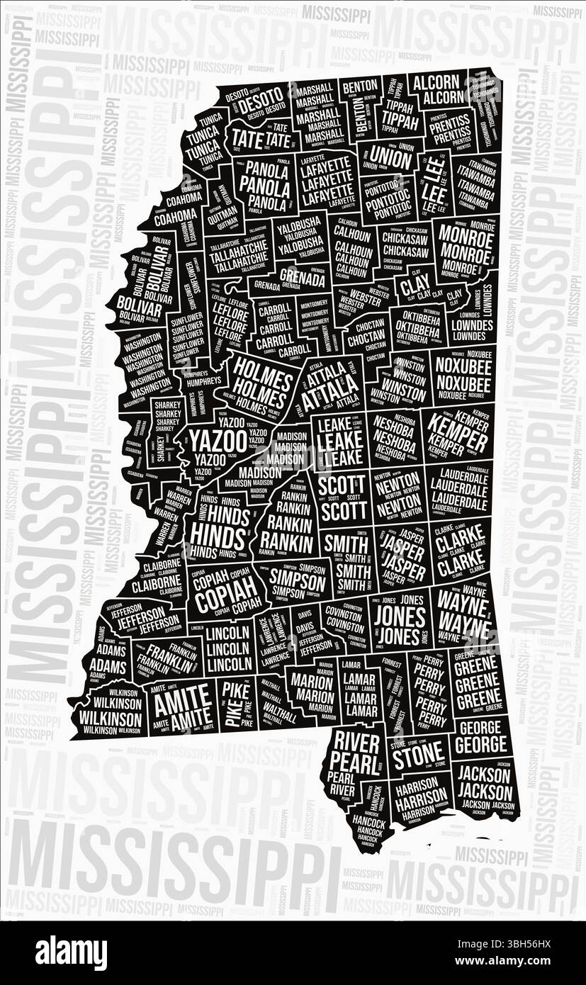 Les comtés du Mississippi cartographient le nuage de mots. Noms des régions du Mississippi. Conception de carte en noir et blanc. Illustration vectorielle artistique. Illustration de Vecteur