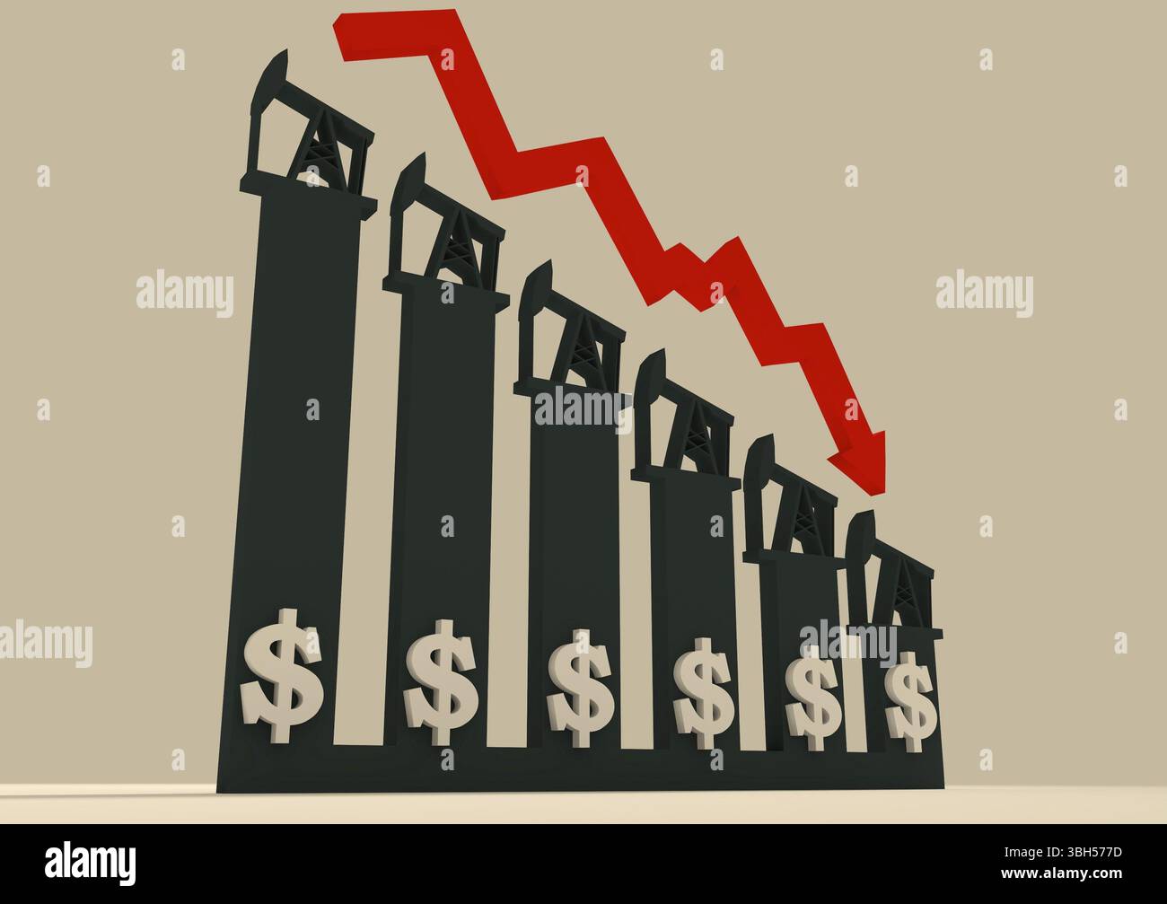 Illustration graphique de chute du prix du pétrole. Icônes de pompe à huile et de dollar sur le tableau d'automne. Flèche rouge Banque D'Images