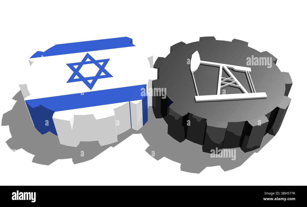 Connexion des roues motrices. Icône de pompe à huile et drapeau israélien sur les engrenages. Concept d'industrie lourde et minière. Rendu 3D. Banque D'Images