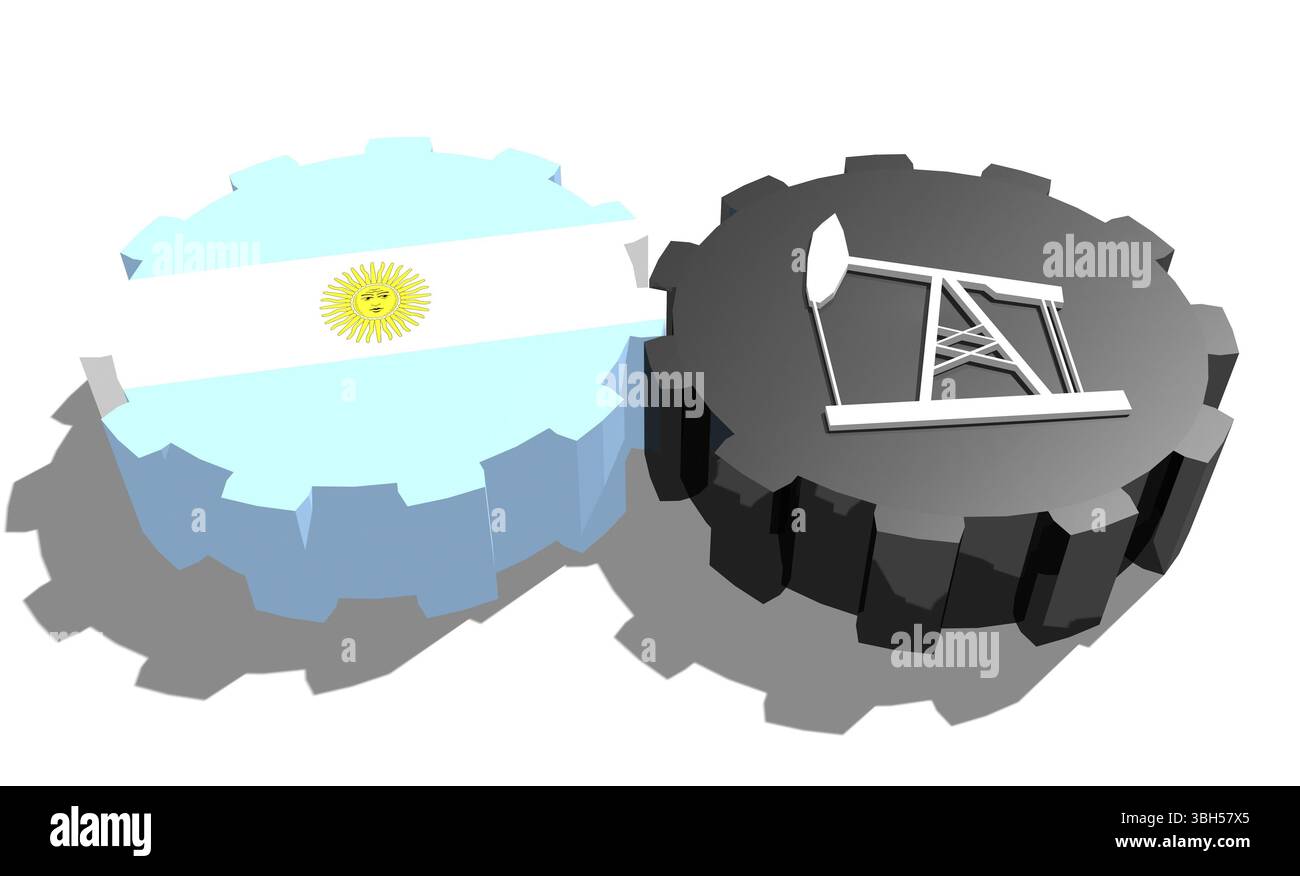 Connexion des roues motrices. Icône de pompe à huile et drapeau Argentine sur les engrenages. Concept d'industrie lourde et minière. Rendu 3D. Banque D'Images
