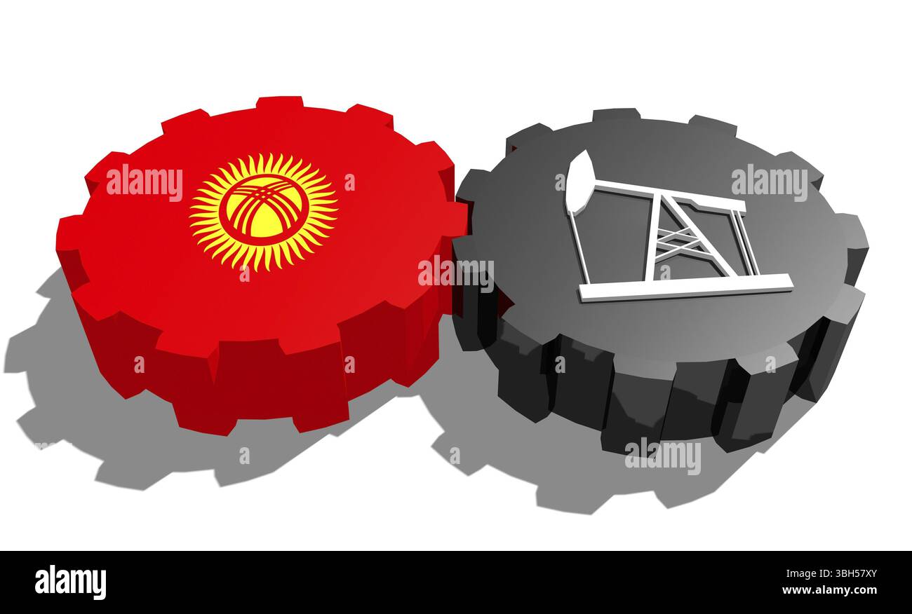 Connexion des roues motrices. Icône de pompe à huile et drapeau Kirghizistan sur les engrenages. Concept d'industrie lourde et minière. Rendu 3D. Banque D'Images