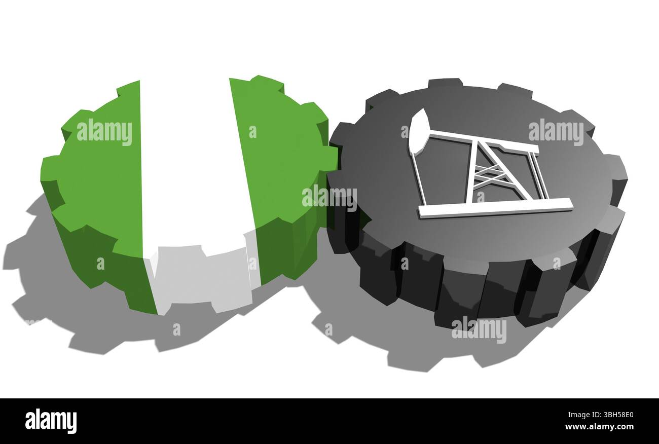 Connexion des roues motrices. Icône de pompe à huile et drapeau Nigeria sur les engrenages. Concept d'industrie lourde et minière. Rendu 3D. Banque D'Images