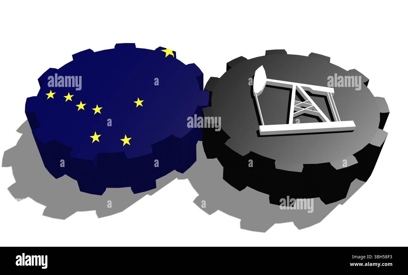 Roue COG avec pompe à huile texturée par le drapeau de l'Alaska. Concept d'industrie lourde et minière. Rendu 3D. Banque D'Images