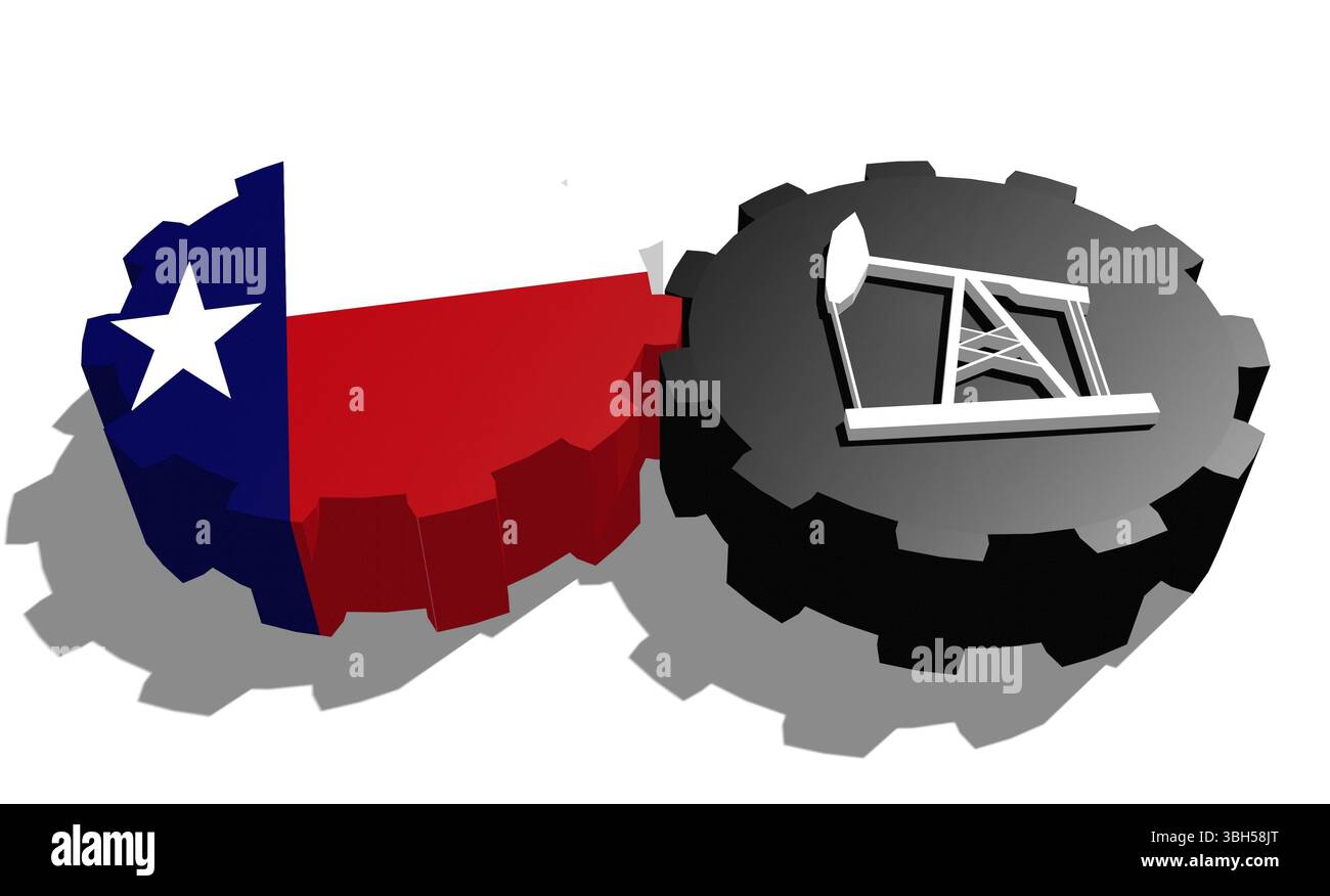 Roue COG avec pompe à huile texturée par le drapeau du Texas. Concept d'industrie lourde et minière. Rendu 3D. Banque D'Images