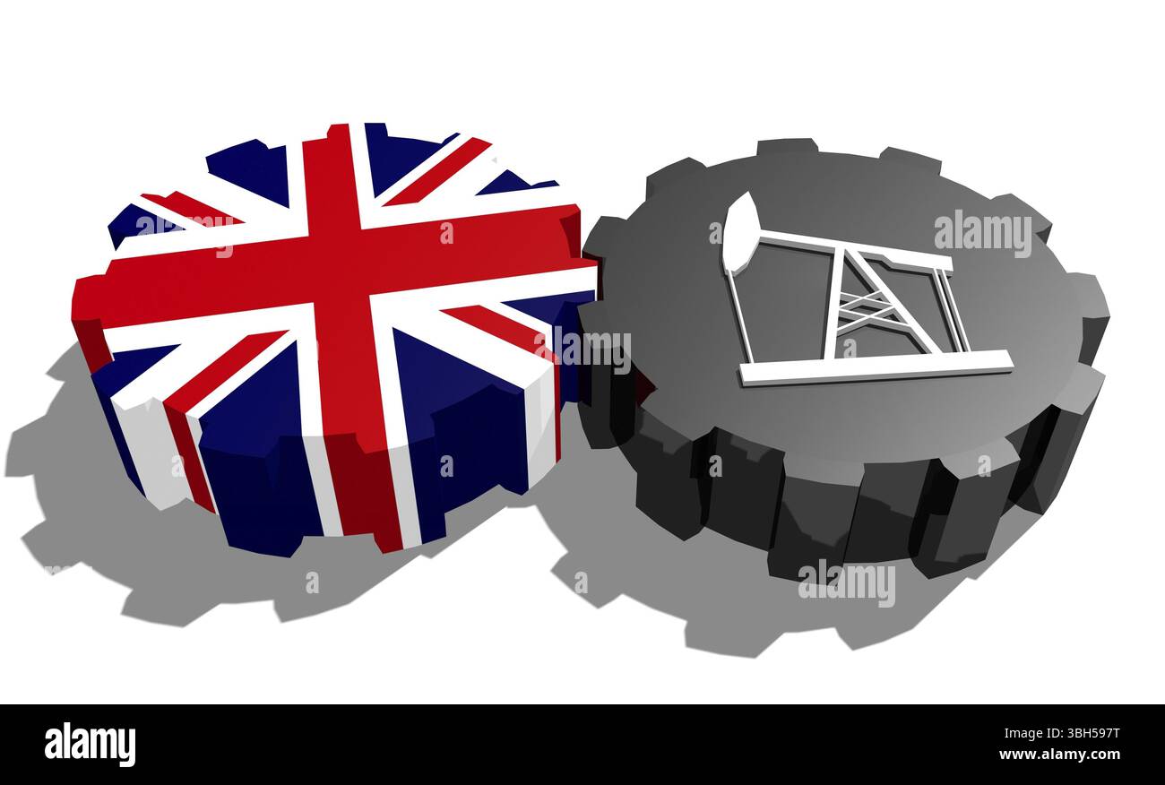 Connexion des roues motrices. Icône de pompe à huile et drapeau britannique sur les engrenages. Concept d'industrie lourde et minière. Rendu 3D. Banque D'Images