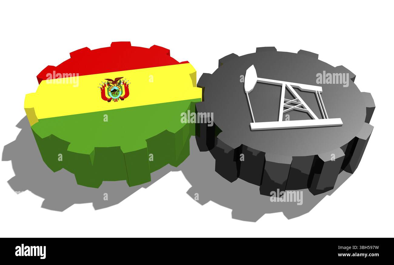 Connexion des roues motrices. Icône de pompe à huile et drapeau de Bolivie sur les engrenages. Concept d'industrie lourde et minière. Rendu 3D. Banque D'Images