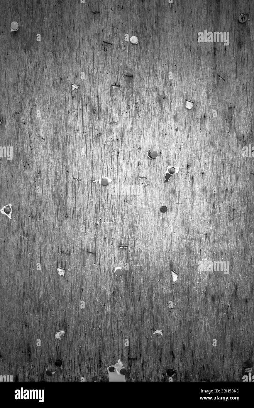 Vintage place bulletin board avec copie espace. Entre parenthèses, des boutons, des clous et des morceaux de papier sur une surface d'affichage en bois de la rue. Stre sale de Banque D'Images