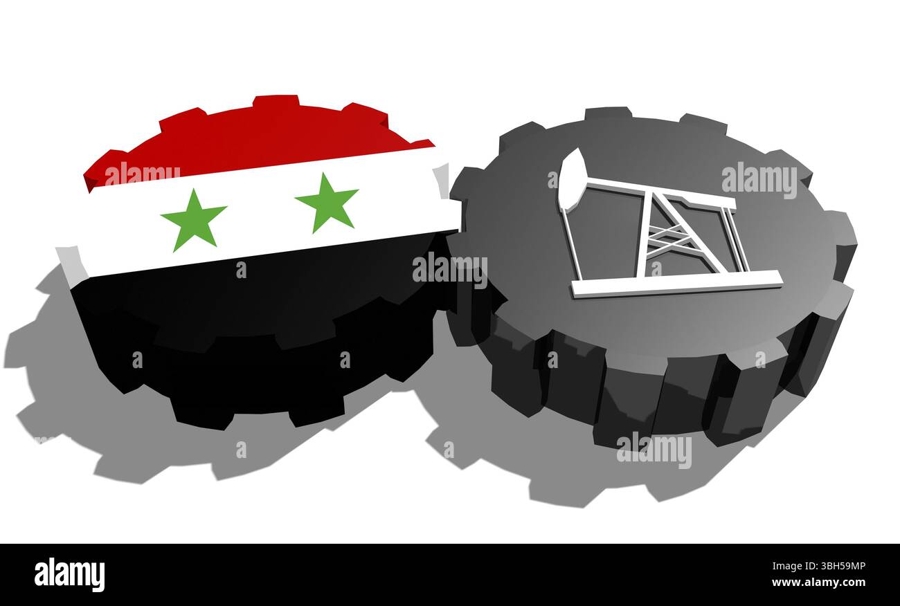 Connexion des roues motrices. Icône de pompe à huile et drapeau de Syrie sur les engrenages. Concept d'industrie lourde et minière. Rendu 3D. Banque D'Images