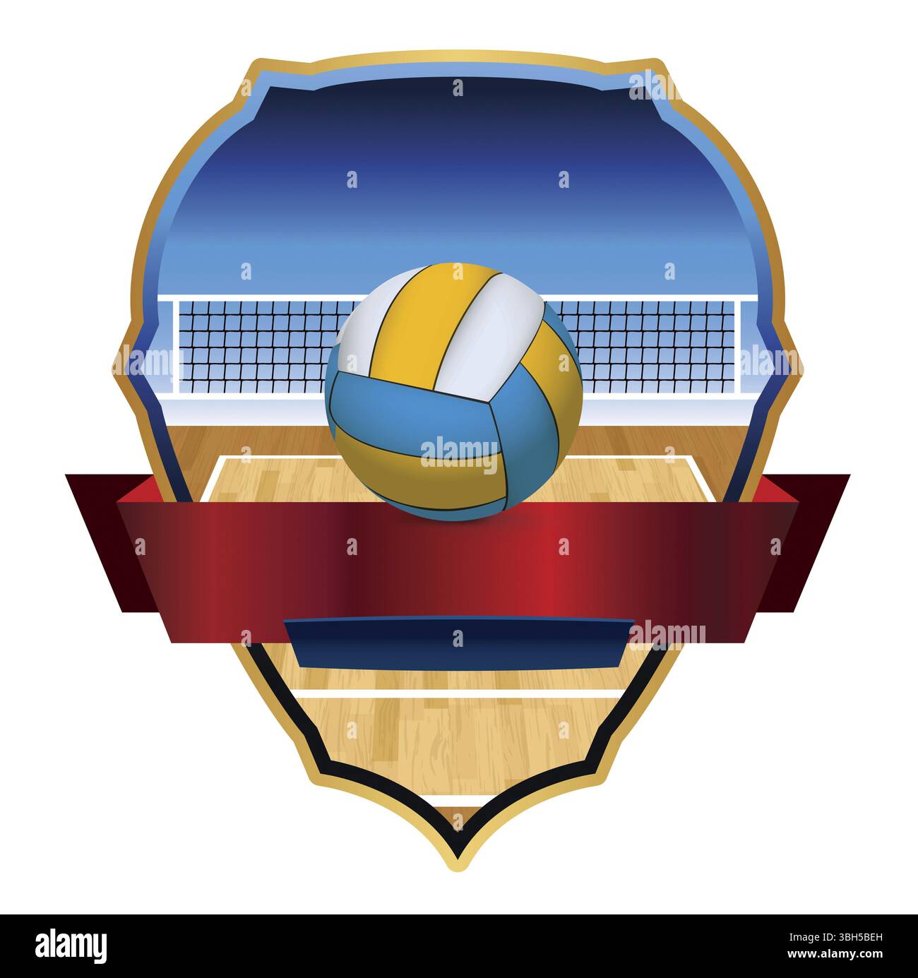 Illustration d'un badge et emblème de volley-ball, de terrain et de filet. Vector EPS 10 disponible. Le fichier EPS contient des transparences et un maillage dégradé Banque D'Images