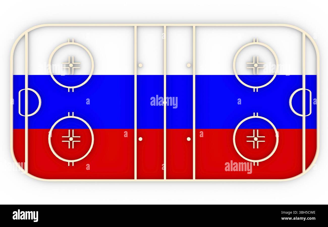 Terrain de hockey sur glace texturé par le drapeau russe. Par rapport à la concurrence mondiale . Rendu 3D. Terrain de jeu simple Banque D'Images