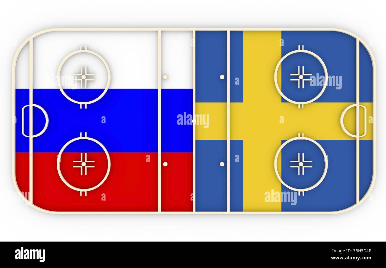 La Russie contre la Suède. La compétition de hockey sur glace 2016. Drapeaux nationaux sur l'aire de jeux. Le rendu 3D Banque D'Images