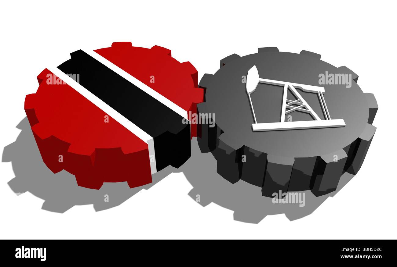 Connexion des roues motrices. Icône de pompe à huile et drapeau Trinidad sur les engrenages. Concept d'industrie lourde et minière. Rendu 3D. Banque D'Images