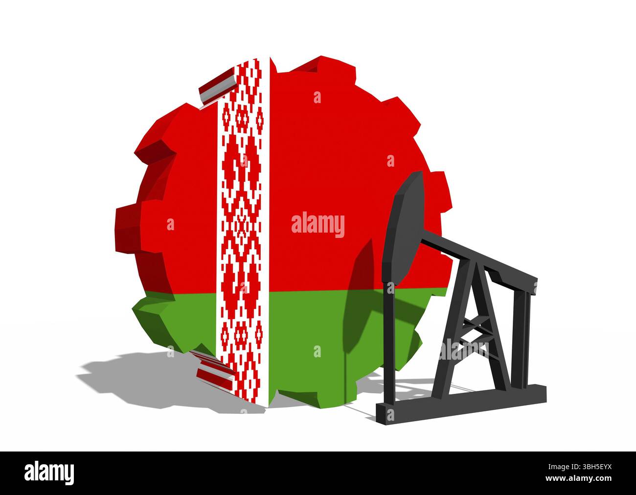 Roue COG avec pompe à huile texturée par drapeau de Biélorussie. Concept d'industrie lourde et minière. Rendu 3D. Banque D'Images