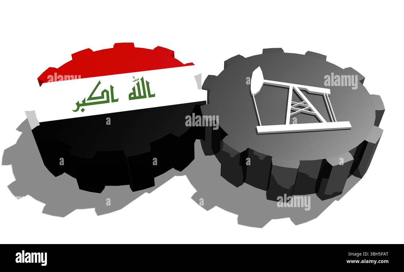 Connexion des roues motrices. Icône de pompe à huile et Iraqflag sur les engrenages. Concept d'industrie lourde et minière. Rendu 3D. Banque D'Images