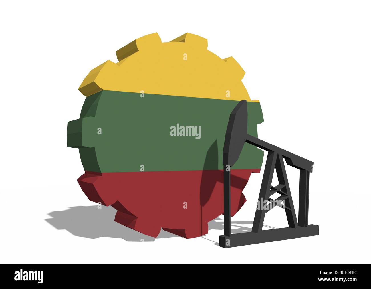 Roue COG avec pompe à huile texturée par le drapeau de la Lituanie. Concept d'industrie lourde et minière. Rendu 3D. Banque D'Images
