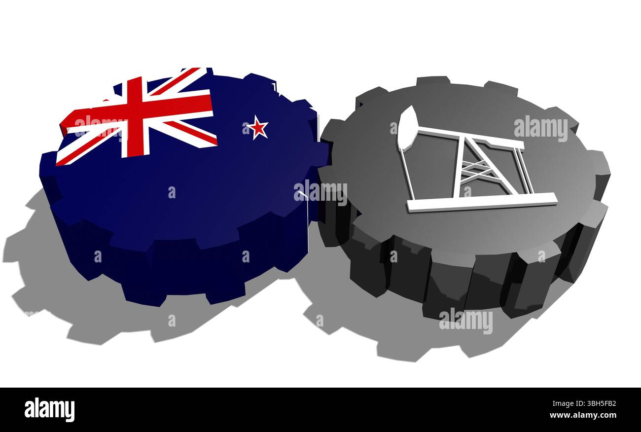 Connexion des roues motrices. Icône de pompe à huile et drapeau de Nouvelle-Zélande sur les engrenages. Concept d'industrie lourde et minière. Rendu 3D. Banque D'Images