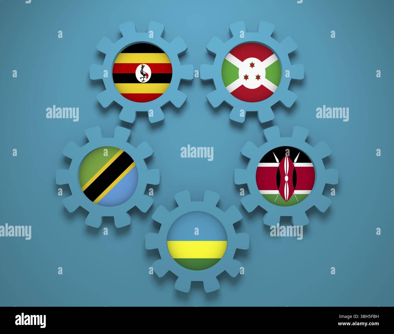 Communauté de l'Afrique de l'EAC, association des cinq membres de l'économie nationale les drapeaux sur le pignon. Équipe à l'échelle mondiale. Fond bleu. Le rendu 3D Banque D'Images