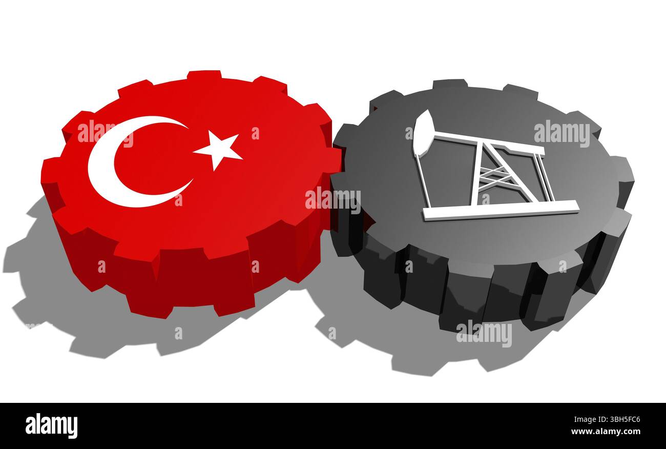 Connexion des roues motrices. Icône de pompe à huile et drapeau de dinde sur les engrenages. Concept d'industrie lourde et minière. Rendu 3D. Banque D'Images