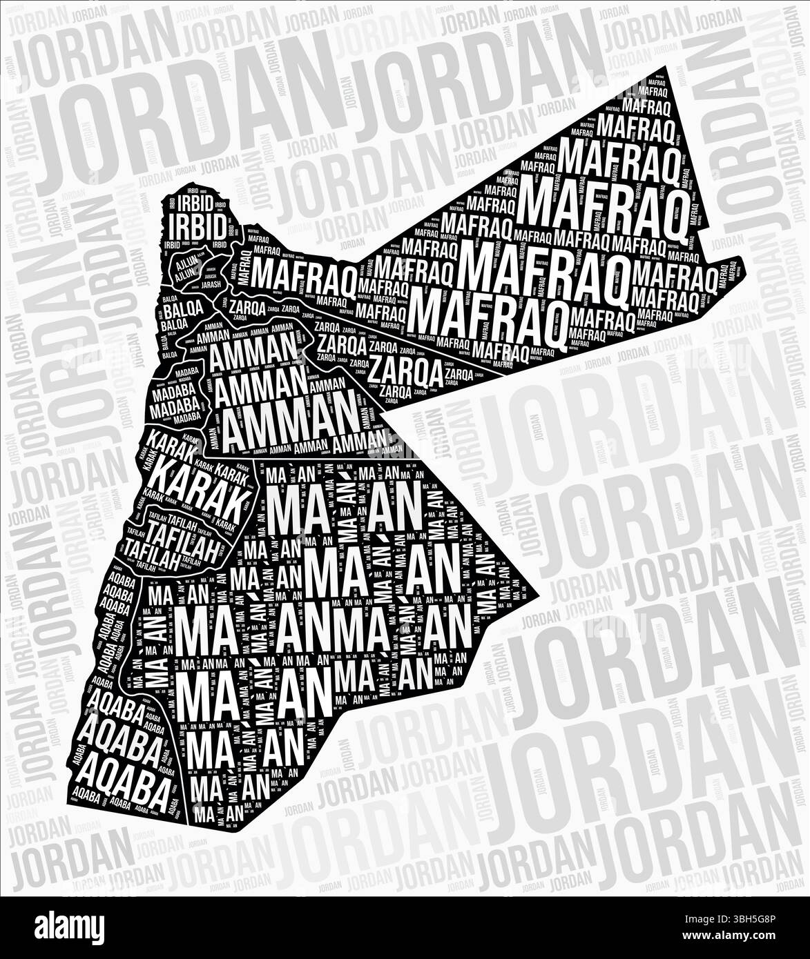 Les régions de Jordanie cartographient le nuage de mots. Noms des régions de Jordanie. Conception de carte en noir et blanc. Illustration vectorielle impressionnante. Illustration de Vecteur