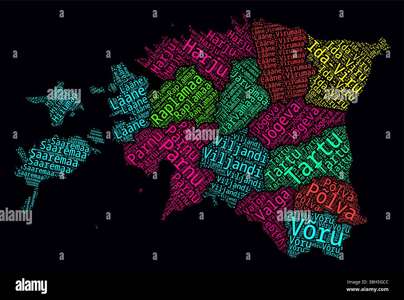 Estonie Word Cloud. Noms de région du pays en estonien. Design de style néon lumineux sur fond sombre. Illustration de Vecteur