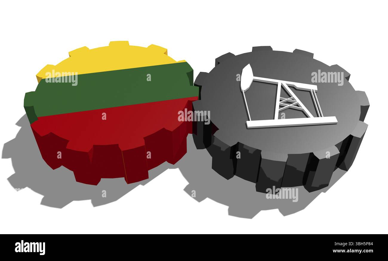Connexion des roues motrices. Icône de pompe à huile et drapeau de Lituanie sur les engrenages. Concept d'industrie lourde et minière. Rendu 3D. Banque D'Images