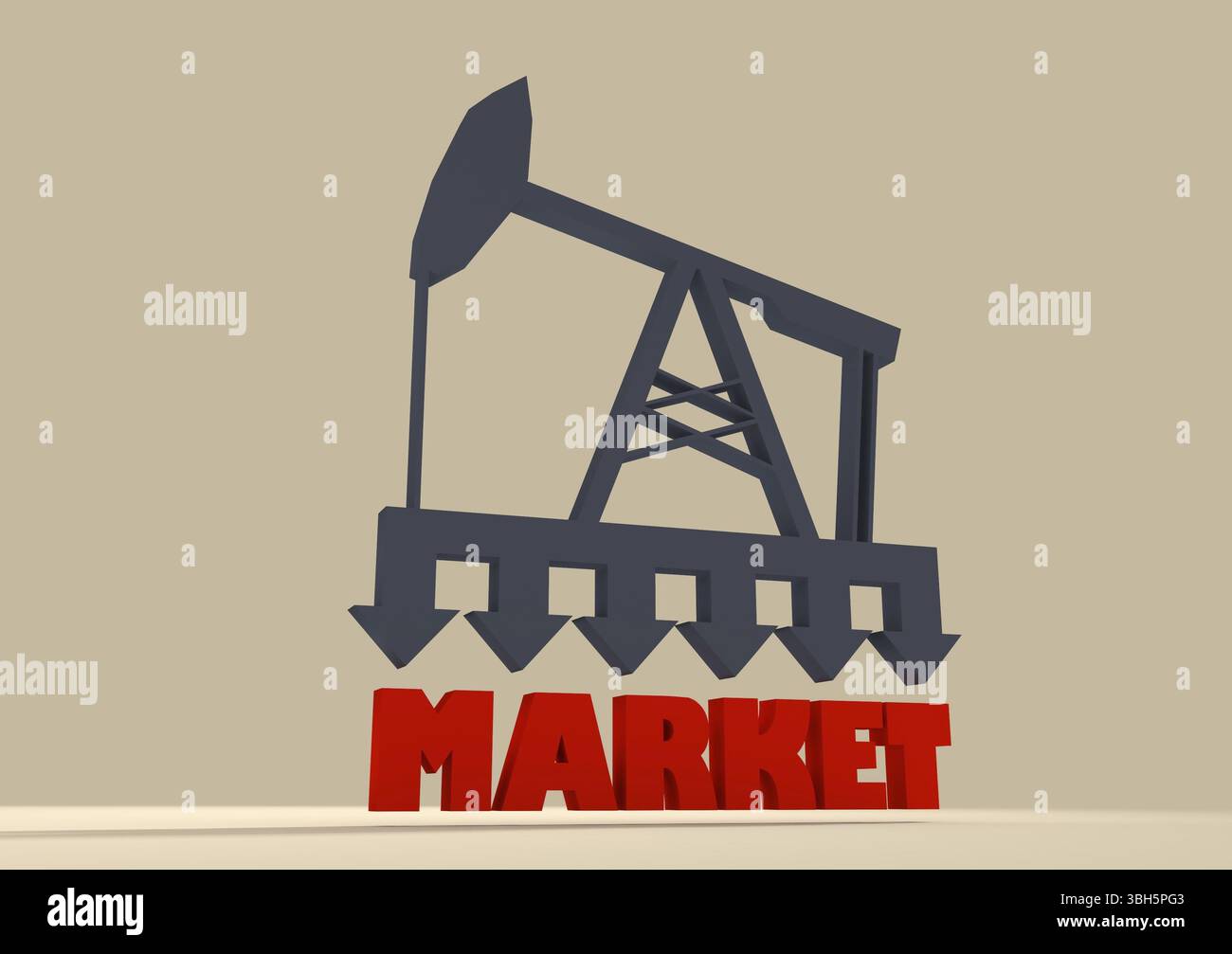 Pompe à huile avec flèches. Marché sous pression. Texte sous l'icône simple de pompe à huile 3D. Situation économique mondiale Banque D'Images