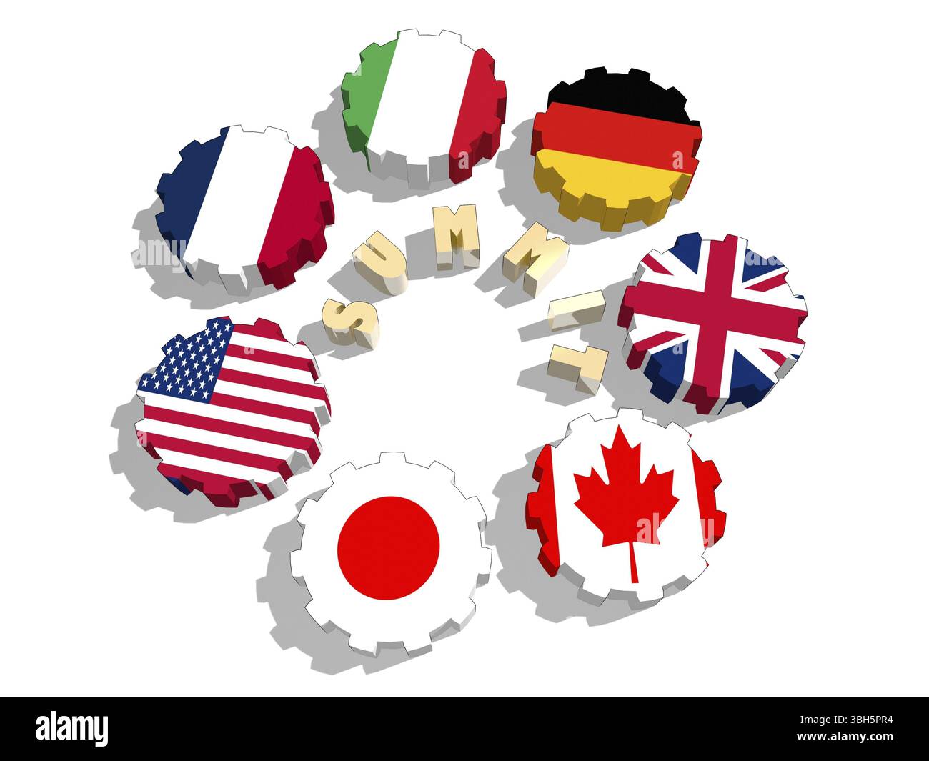 L'association G7 de sept économies nationales membres drapeaux sur roues dentées. Arrière-plan. Groupe des sept Forum politique gouvernemental Banque D'Images