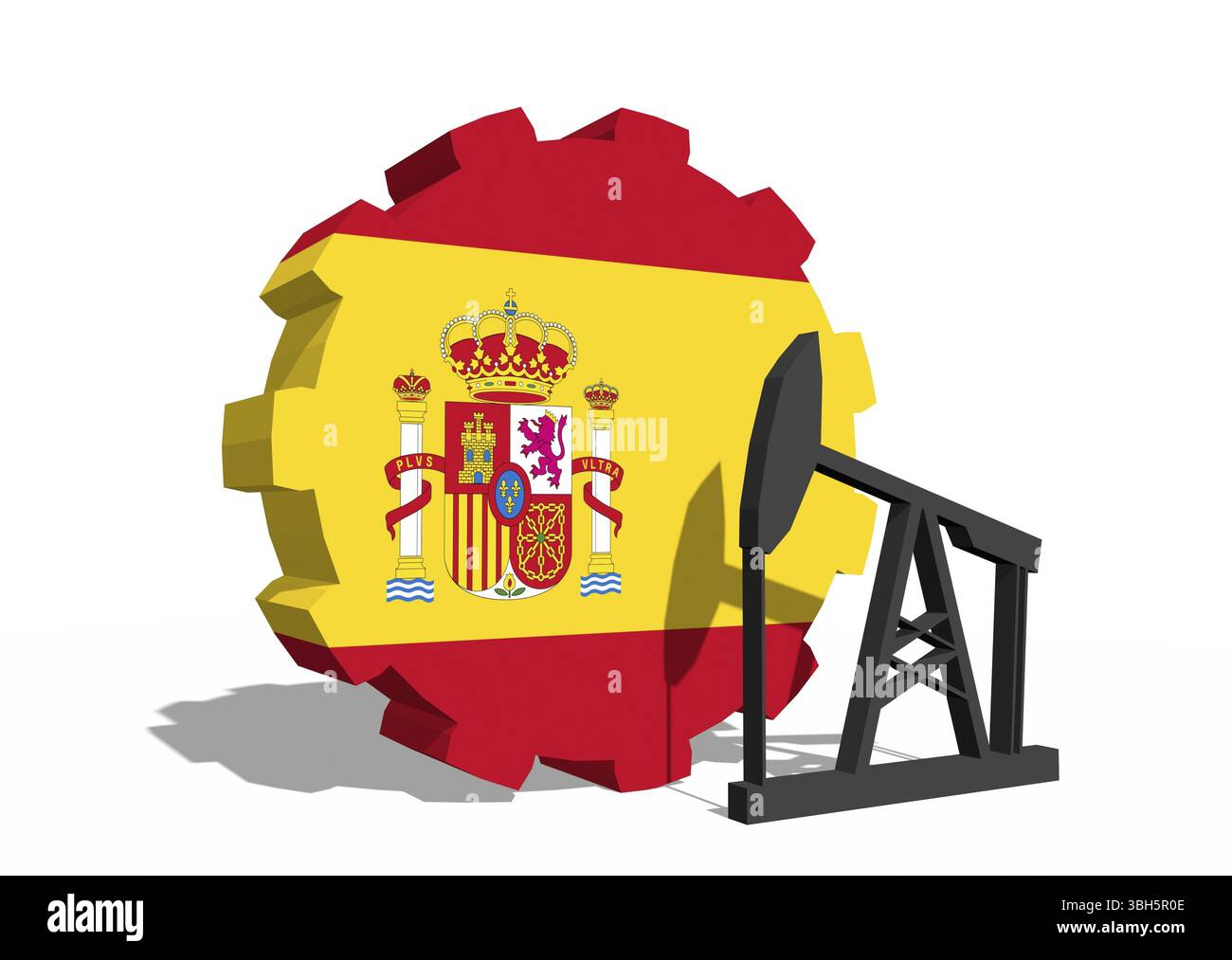 Roue COG avec pompe à huile texturée par le drapeau de l'Espagne. Concept d'industrie lourde et minière. Rendu 3D. Banque D'Images