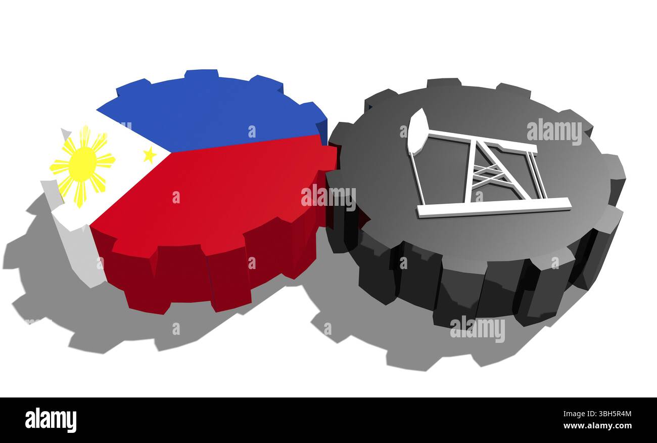 Connexion des roues motrices. Icône de pompe à huile et drapeau des Philippines sur les engrenages. Concept d'industrie lourde et minière. Rendu 3D. Banque D'Images