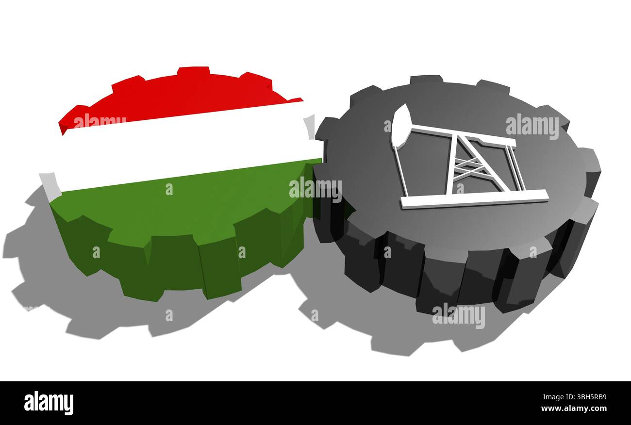 Connexion des roues motrices. Icône de pompe à huile et drapeau Hongrie sur les engrenages. Concept d'industrie lourde et minière. Rendu 3D. Banque D'Images