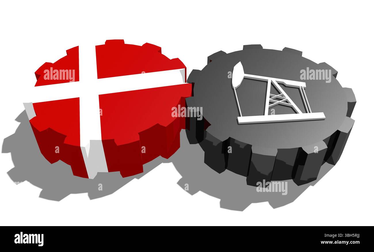 Connexion des roues motrices. Icône de pompe à huile et drapeau du Danemark sur les engrenages. Concept d'industrie lourde et minière. Rendu 3D. Banque D'Images