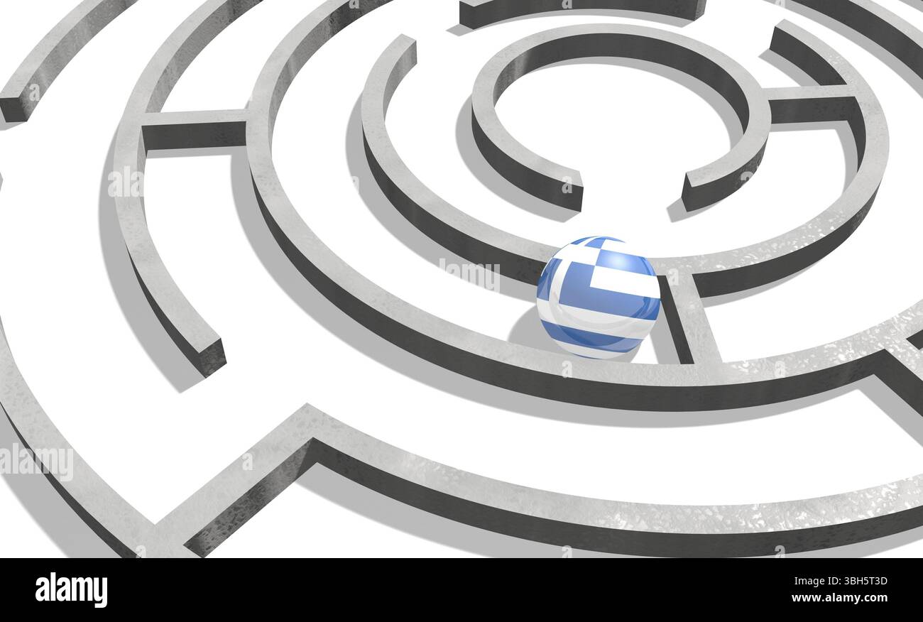 Image par rapport à la situation politique en Grèce. Drapeau national sphère texturée en labyrinthe. Le rendu 3D Banque D'Images