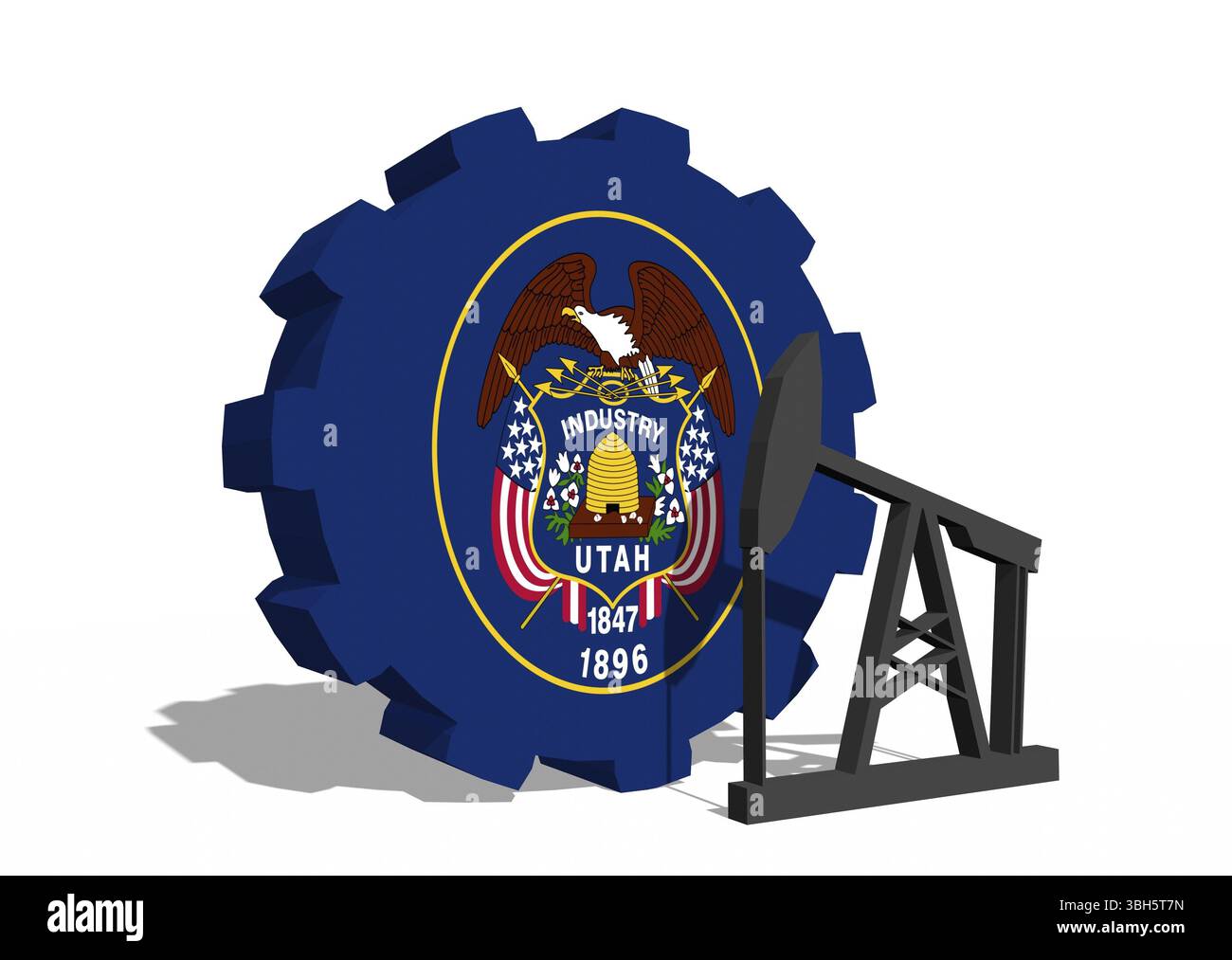 Roue COG avec pompe à huile texturée par drapeau de l'Utah. Concept d'industrie lourde et minière. Rendu 3D. Banque D'Images