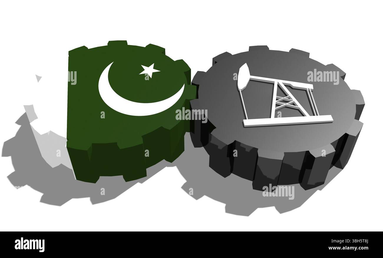 Connexion des roues motrices. Icône de pompe à huile et drapeau Pakistan sur les engrenages. Concept d'industrie lourde et minière. Rendu 3D. Banque D'Images