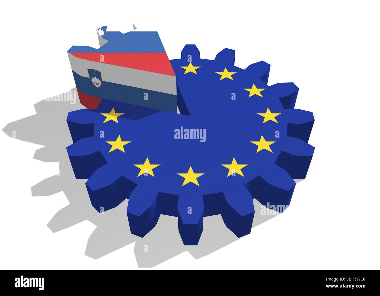 Drapeau de l'Union européenne sur les engins et Slovénie comme partie intégrante de la roue dentée. Rendu 3D. Banque D'Images