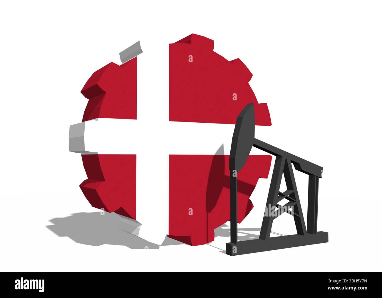 Roue COG avec pompe à huile texturée par le drapeau du Danemark. Concept d'industrie lourde et minière. Rendu 3D. Banque D'Images