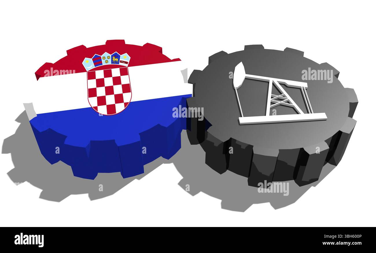 Connexion des roues motrices. Icône de pompe à huile et drapeau de Croatie sur les engrenages. Concept d'industrie lourde et minière. Rendu 3D. Banque D'Images