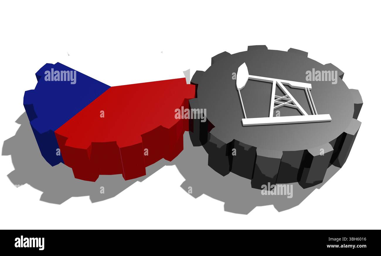 Connexion des roues motrices. Icône de pompe à huile et drapeau tchèque sur les engrenages. Concept d'industrie lourde et minière. Rendu 3D. Banque D'Images