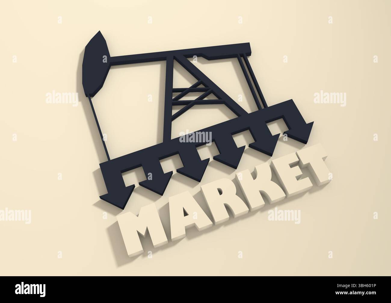 Pompe à huile avec flèches. Marché sous pression. Texte sous l'icône simple de pompe à huile 3D. Situation économique mondiale Banque D'Images